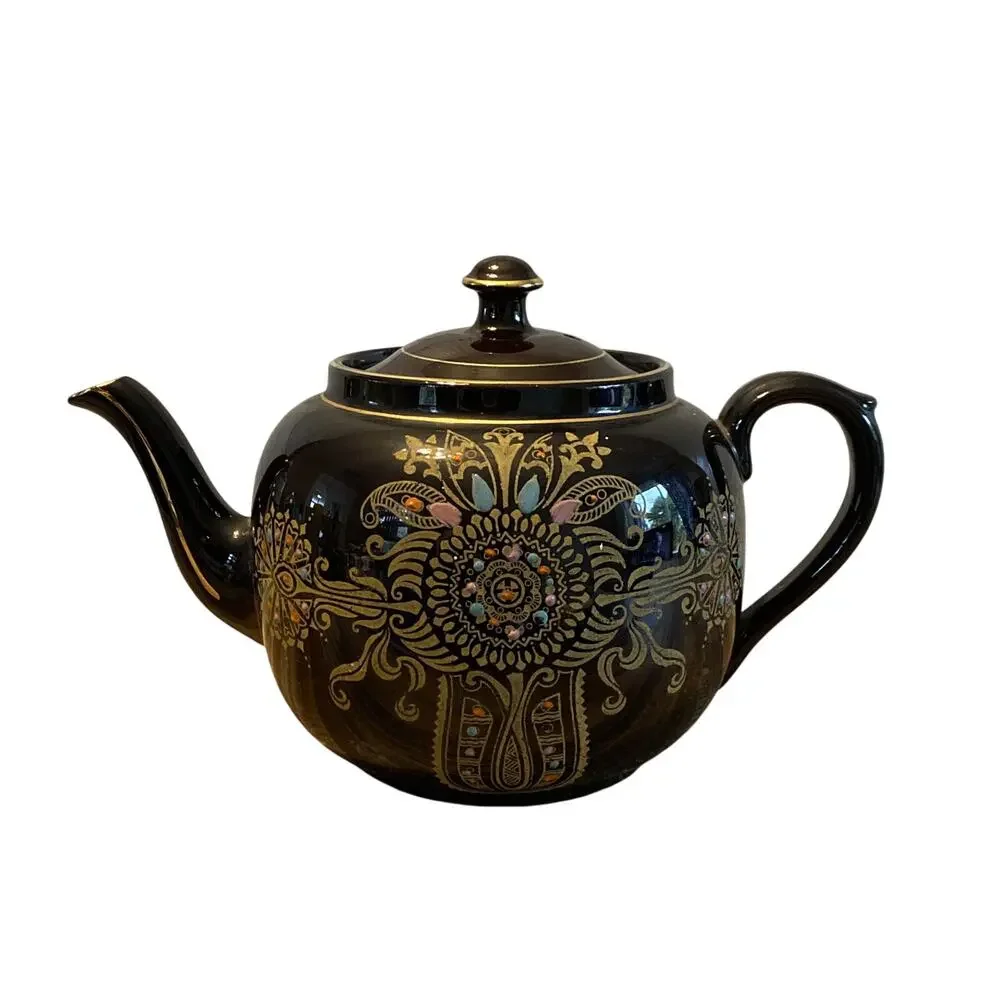 Antique 1928 Gibson & Sons Marina Art Deco Teapot Black Gold Burslem England